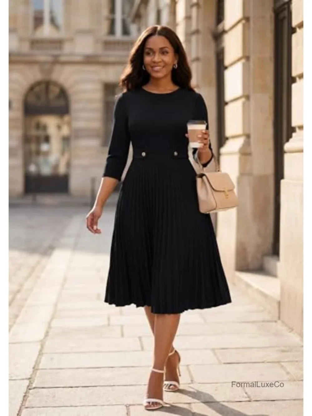 Pleated Midi Dress A-Line 3/4 Sleeve Church Work Casual with Pockets